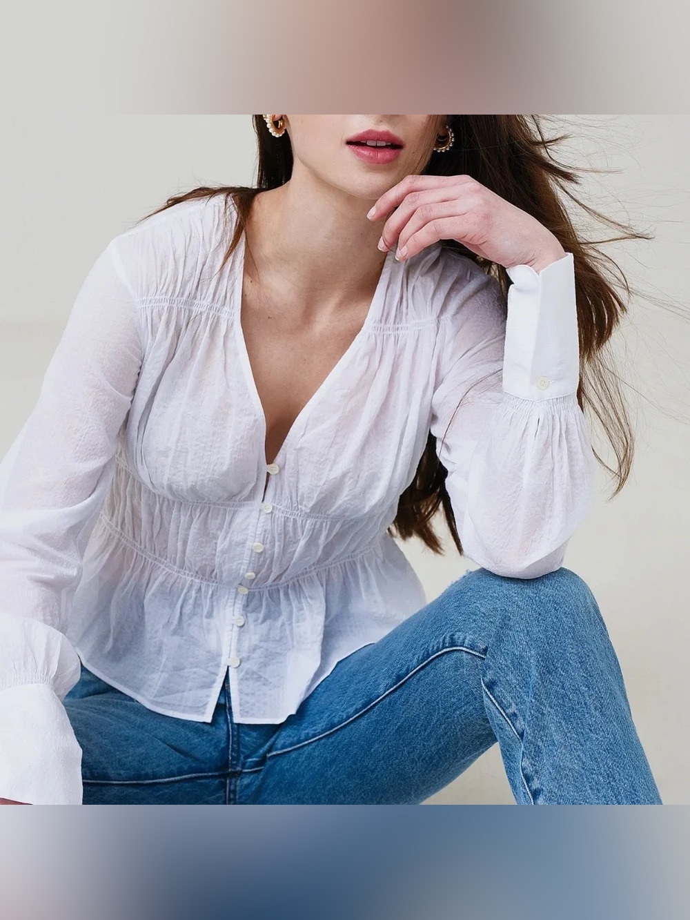Frame White Ruched V-Neck Long Sleeve Blouse Size XS